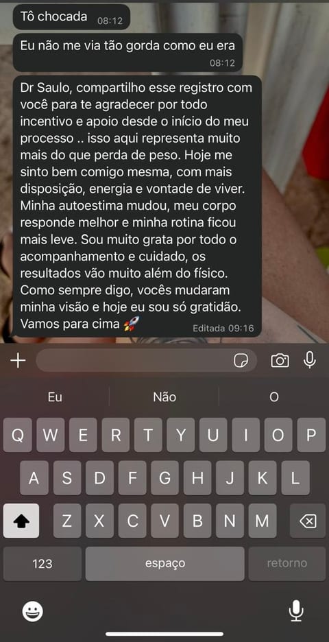 Captura de mensagem de agradecimento enviada por paciente ao Dr. Saulo Silva pelo WhatsApp