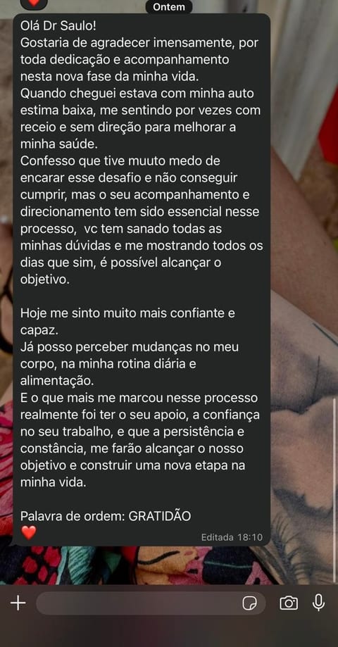 Captura de mensagem de agradecimento enviada por paciente ao Dr. Saulo Silva pelo WhatsApp