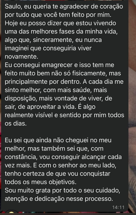 Captura de mensagem de agradecimento enviada por paciente ao Dr. Saulo Silva pelo WhatsApp